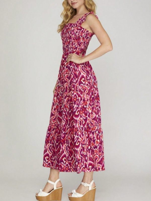 womens casual bohemian chic ruffle strap abstract print smocked maxi dress flowing pink purple pattern square neck sleeveless full length lightweight summer beach vacation party