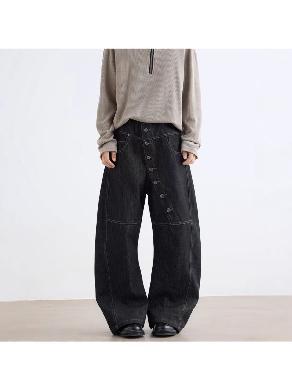 men's loose wide leg faux denim trousers american streetwear fashion, bright line button open scythe overalls, solid color, all season casual & formal wear, casual attire, trendy overall design, durable fabric