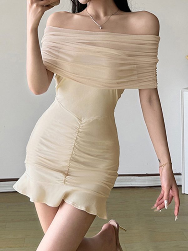 women's mini off shoulder pleated bodycon dress, short sleeve retro solid summer dress, polyester spandex blend, machine washable, mid stretch fabric, perfect for fall & autumn