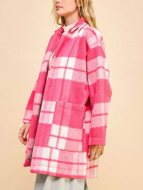 women's casual coat chic plaid open front slit outerwear with pockets hot pink long sleeve oversized checkered pattern stylish and warm outerwear perfect for springu002ffallu002fwinter everyday wear