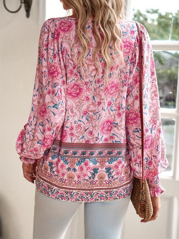 vibrant bohemian floral print v neck blouse for women chic long sleeve relaxed fit clothing for all seasons perfect for casual daily wear, outdoor activities & vacations