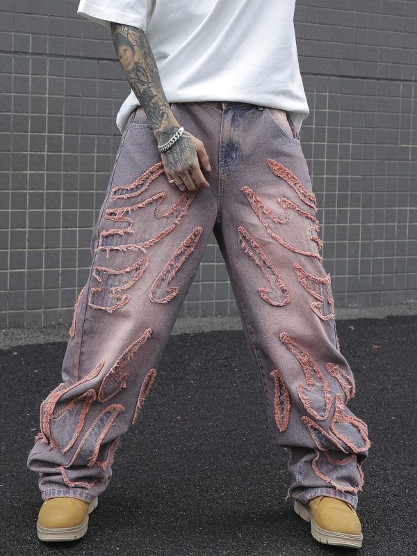 a pair of men's vintage hip hop style niche design loose denim pants, featuring tasseled fringes, distressed gradient wash wide leg pants (excluding beltu002faccessories), suitable for all seasons.