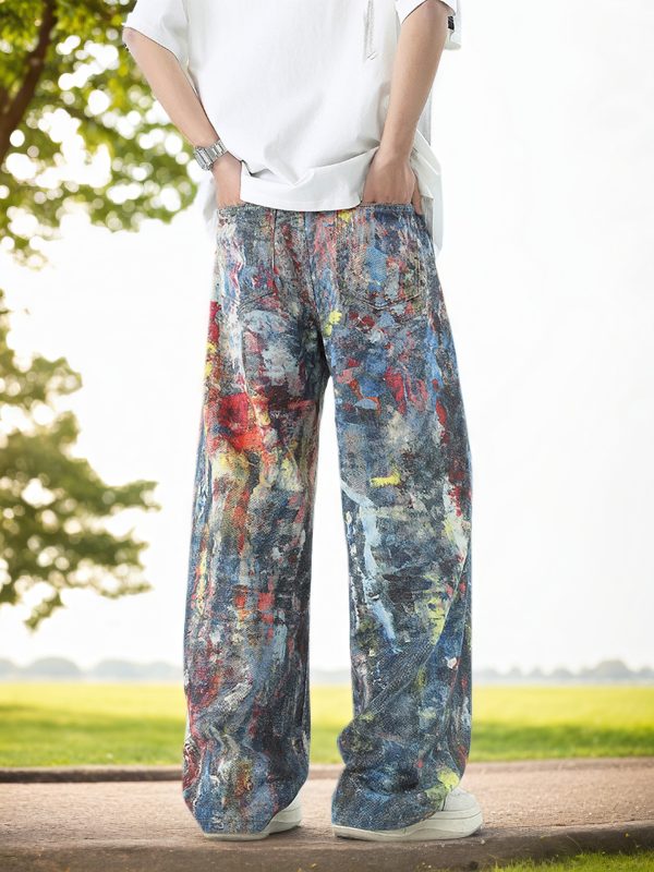 men's graffiti jeans with splashed ink and camouflage design, straight leg pants, comfortable, versatile, casual, high quality, abrasion resistant long trousers
