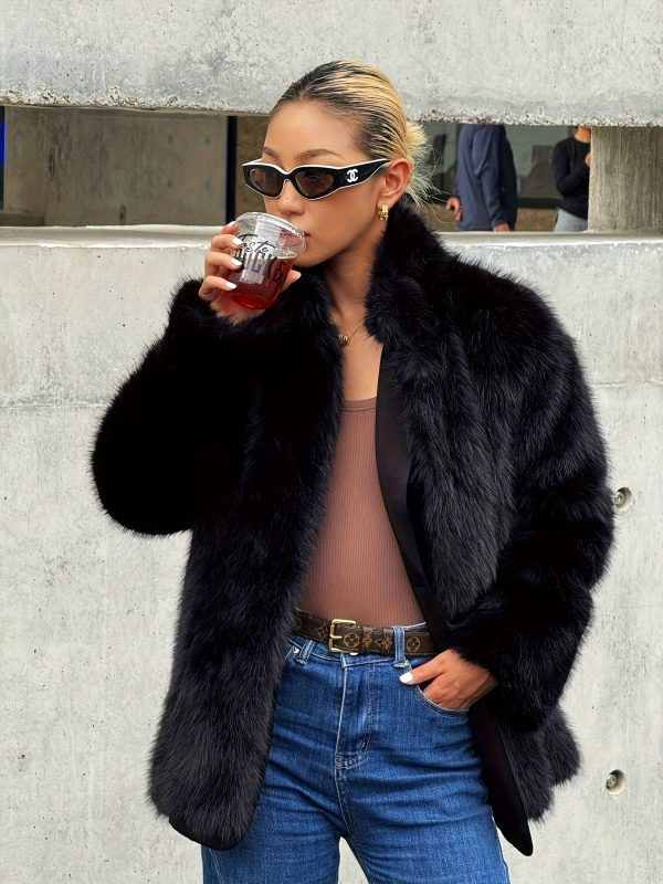 elegant women's autumn and winter new style black fox fur coat, and warm thick fur mid length outerwear, fashionable holiday outfit.