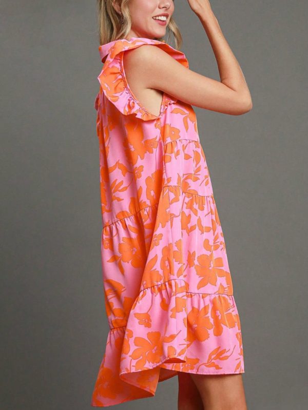 womens casual summer floral chic ruffled shoulder tiered babydoll mini dress pink orange abstract flower print sleeveless high neck flowy lightweight beach vacation party sundress