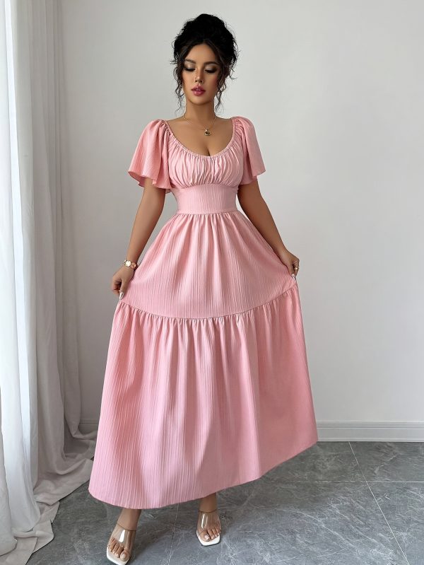 women's new textured fabric a line dress with ruffled sleeves, bow back design, waist hugging, elegant and charming summer date dress