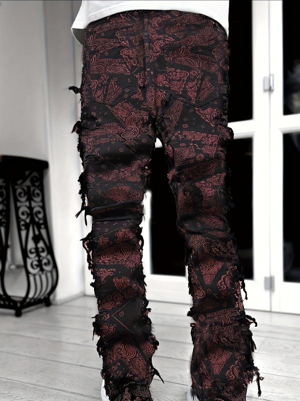 men's elastic waist straight leg loose fit jeans with red paisley print & frayed hem streetwear style, machine washable, all season comfort, casual streetwear