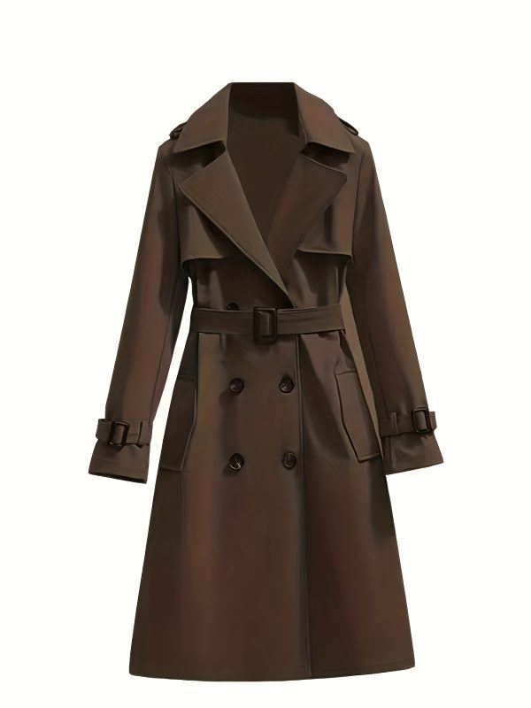 elegant white double breasted trench coat for women long sleeve, belted waist, button up design, casual style, perfect for fall & winter, casual winter wear | belted trench coat | structured design