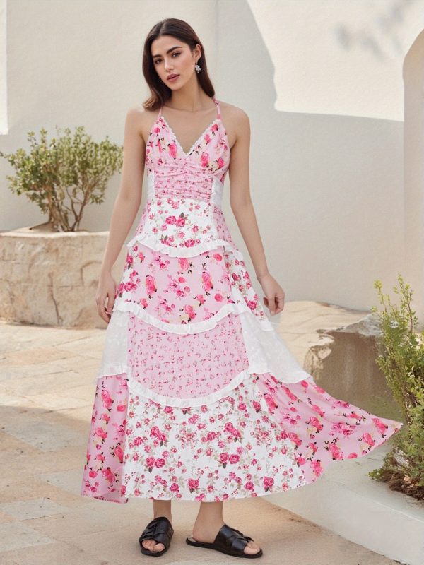 women's floral dress stylish lace patchwork ruffled trim sleeveless spaghetti strap v neck a line long dress for summer