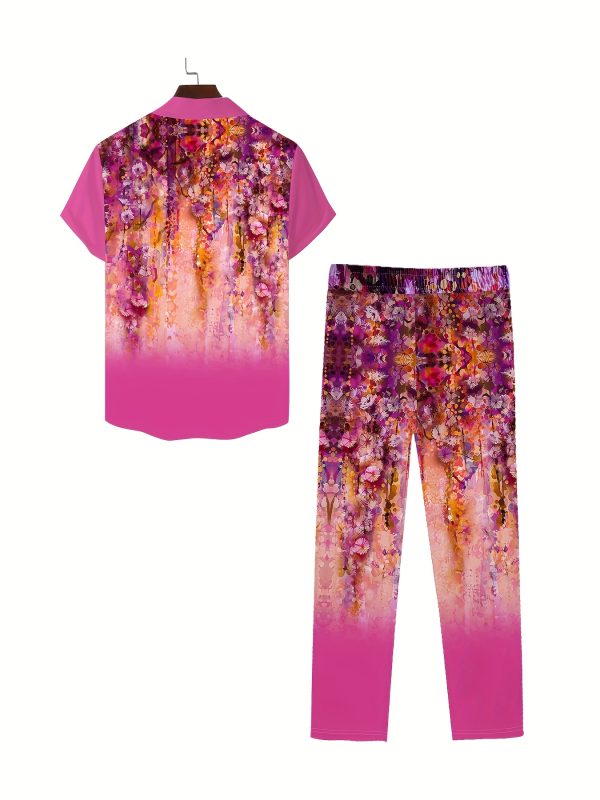 men's casual floral print short sleeve shirt & pants set vibrant pink & purple floral design, button up with pocket, polyester fabric, all season wear, casual attire|floral print shirt|polyester fabric
