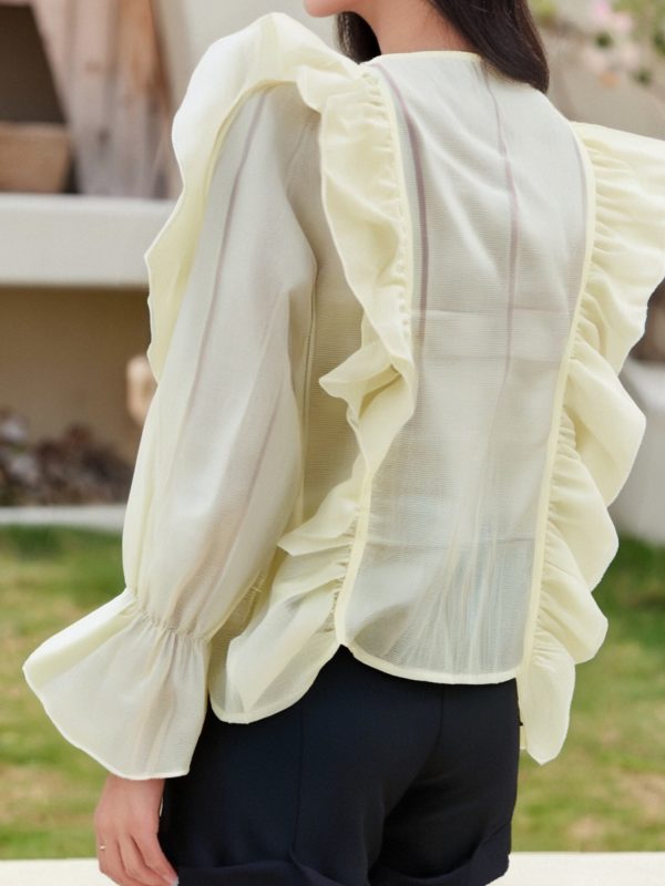 women's elegant ruffled multi layered chiffon blouse v neck long sleeve semi sheer top with layered ruffles, lightweight springu002ffall shirt in soft pastel colors (machine washable) for casual & formal outfits