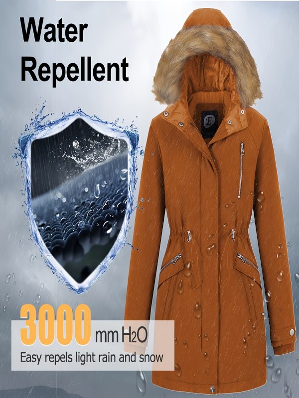 women's hooded winter parka coat with removable faux fur trim, windproof puffer jacket, hip length with multiple pockets, cozy insulated for outdoor and everyday use, multi function pockets