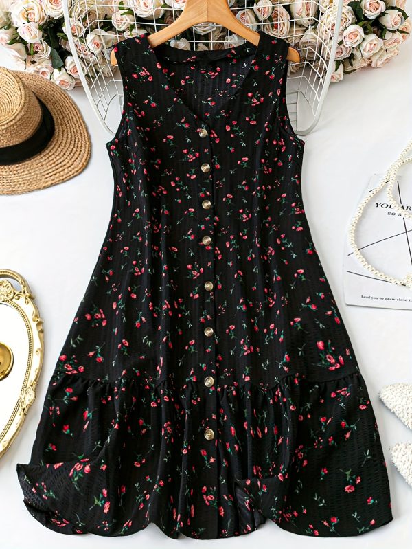 women's v neck sleeveless a line dress with ruffled hem & front button closure striped decal print, black with red floral patchwork, machine washable casual to dressy all season dress, versatile fashion, structured design, nontransparent fabric
