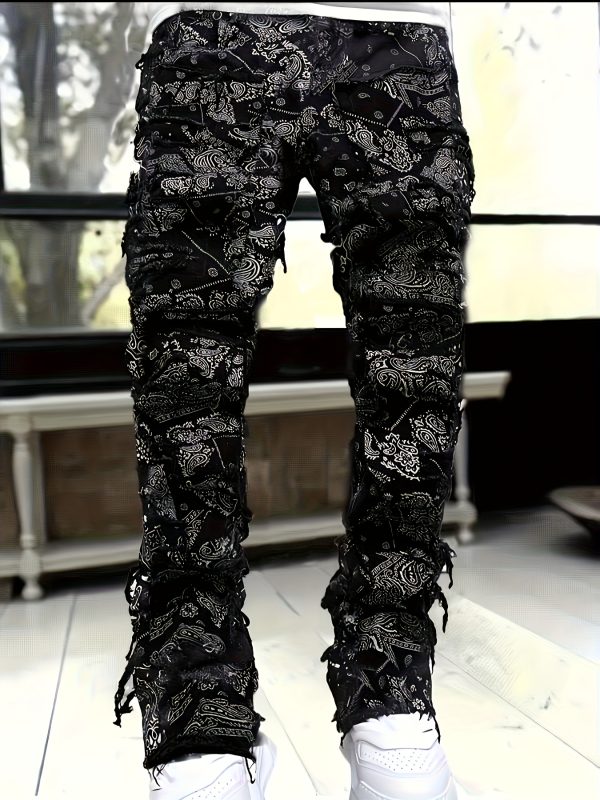 men's elastic waist straight leg loose fit jeans with red paisley print & frayed hem streetwear style, machine washable, all season comfort, casual streetwear