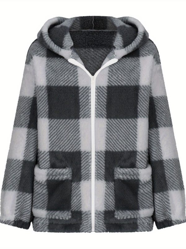 women's fuzzy plaid pattern long sleeve hooded neck zip up jacket coat outwear