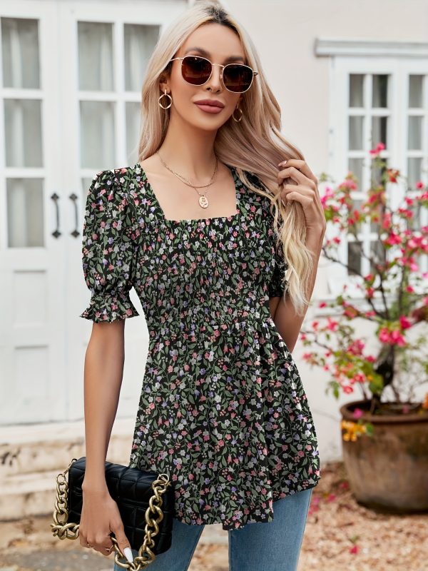 women's tunics square neck puff short sleeve smocked top ladies peplum blouse tee shirts 2024 spring summer s xl