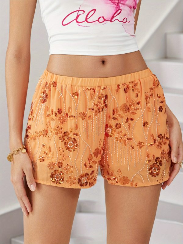 women's red sequin mini shorts with beaded floral design, elastic waist loose fit casual summer streetwear shorts machine washable, nontransparent fabric, vacation outfit, comfortable material, women