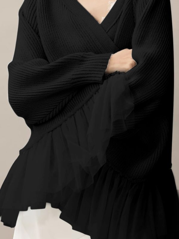 women's elegant loose sweater cardigan with tulle ruffle hem & open front soft warm long sleeve fall winter coat, machine washable casual to semi formal outerwear, solid color versatile layering piece