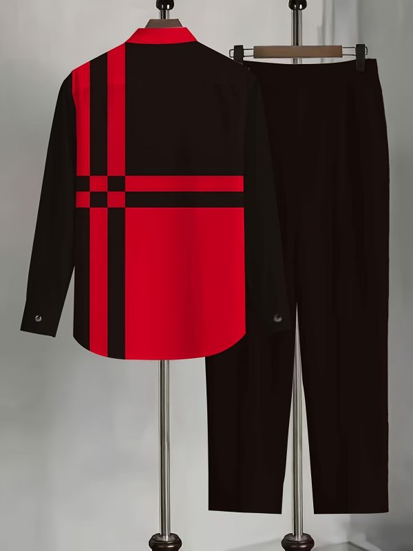 new products in 2025, a two piece set consisting of a simple cuban collar long sleeved men's shirt and long pants. the set features an artistic black and red color blocking style, suitable for casual wear, vacations, and daily outings.