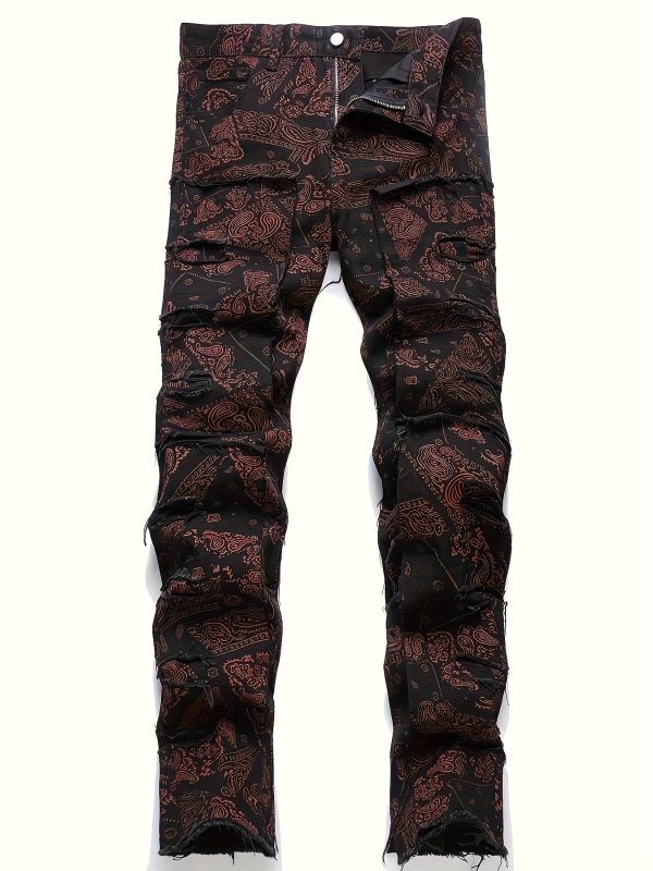 men's elastic waist, trendy fringed print distressed denim pants