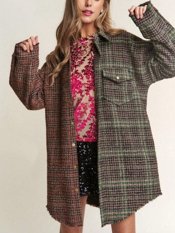 women's casual jacket vintage snap down tweed plaid contrast longline shacket misty forest long sleeve button down oversized fit frayed hem comfy and stylish perfect for springu002ffallu002fwinter layering everyday wear