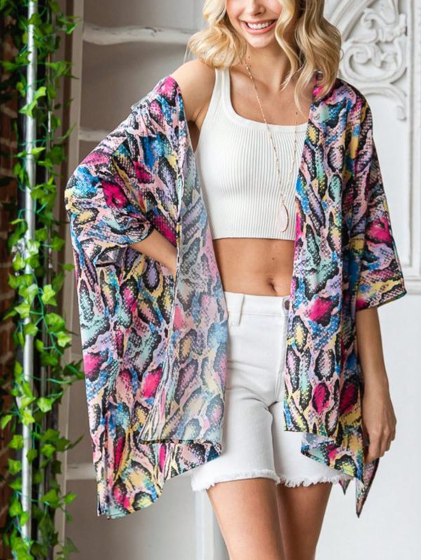 womens casual beach cover up chic multicolor snake print loose flowing kimono cardigan open front batwing sleeve asymmetric hem lightweight breezy summer vacation resort wear swimsuit coverup