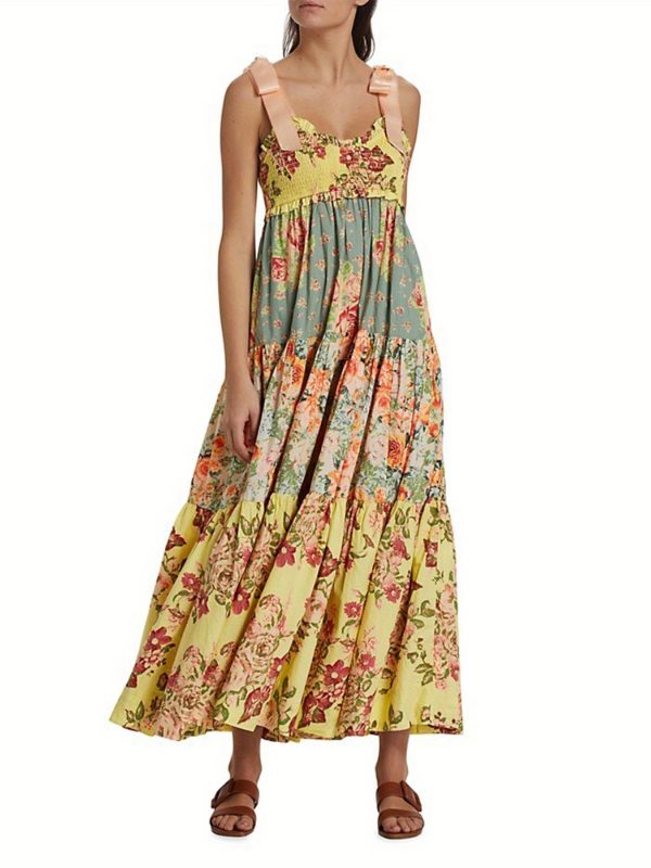 women cami dress floral print tie up shoulder straps sleeveless dress long dress summer big swing a line dress