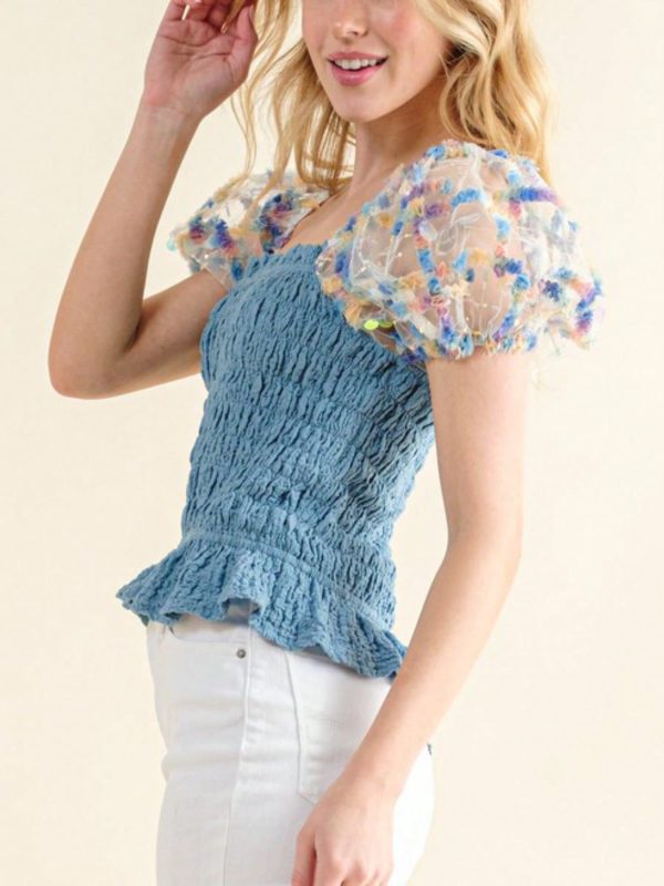 womens casual smocked romantic chic floral mesh puff sleeve ruched peplum top blue sweetheart neckline fitted bodice shirred texture spring summer date night party blouse