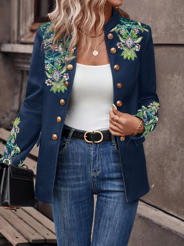 stylish and elegant retro stand collar embroidered buttoned long sleeve jacket for women