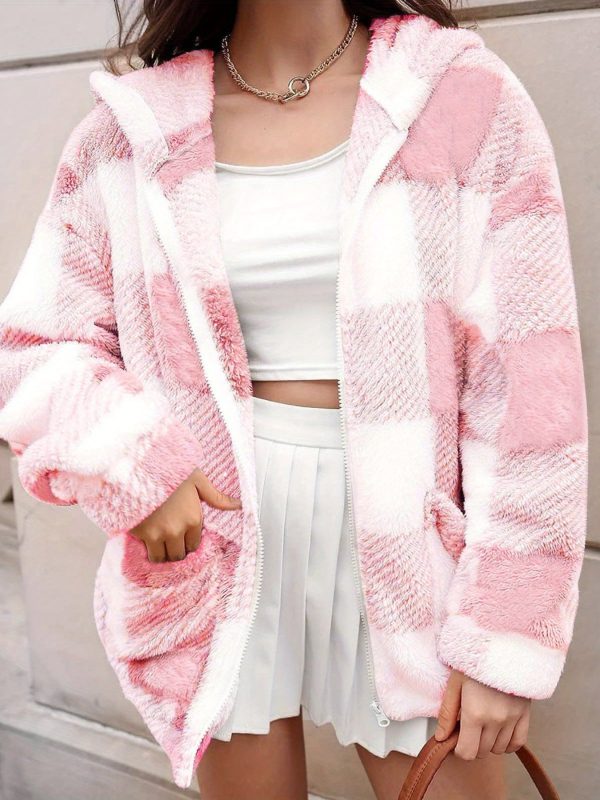women's fuzzy plaid pattern long sleeve hooded neck zip up jacket coat outwear
