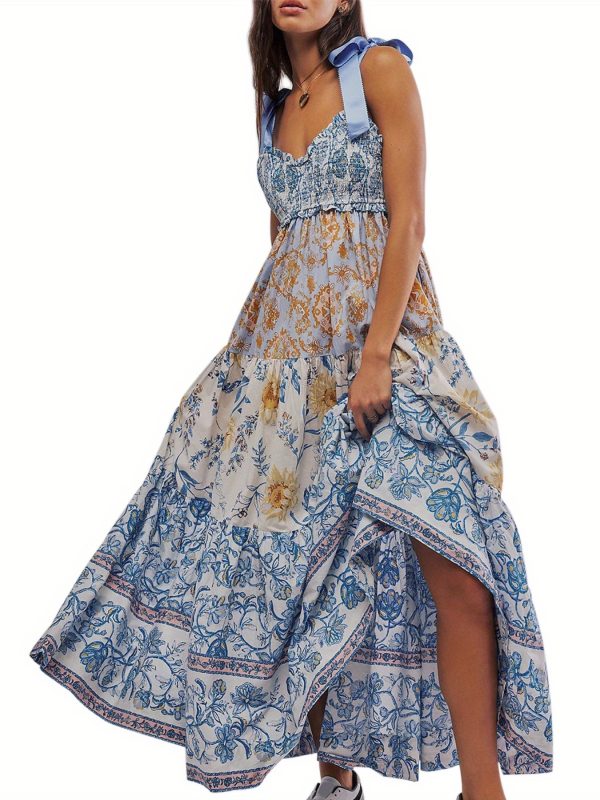women cami dress floral print tie up shoulder straps sleeveless dress long dress summer big swing a line dress