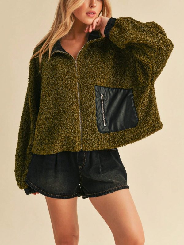womens casual teddy bear chic leather trim zipper pocket sherpa jacket olive green long sleeve cropped length stand collar plush textured fall winter street style outerwear