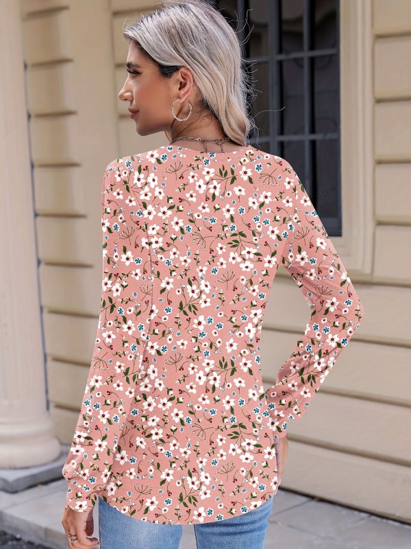women's casual small floral round neck chest pleated versatile basic long sleeved top