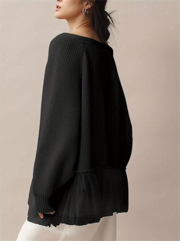 women's elegant loose sweater cardigan with tulle ruffle hem & open front soft warm long sleeve fall winter coat, machine washable casual to semi formal outerwear, solid color versatile layering piece