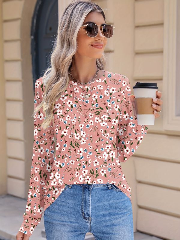 women's casual small floral round neck chest pleated versatile basic long sleeved top