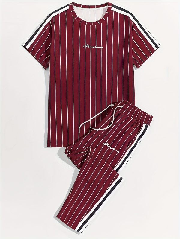 men's summer striped round neck pullover with drawstring casual fashion 1pc set