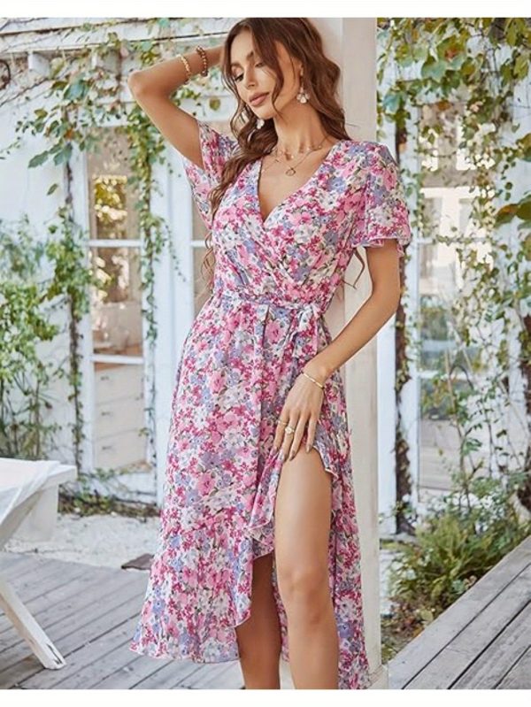 women's boho floral print midi dress v neck lace up short sleeve with ruffle hem, lightweight summer beach party dress for casual outings & garden events, beach dresses, garden event attire, fitted silhouette