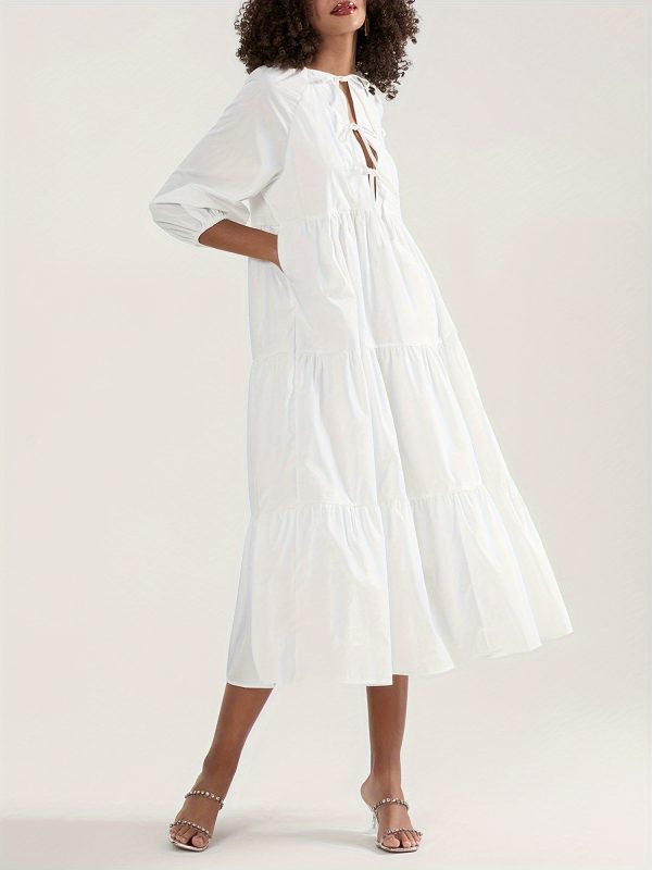 elegant tie front a line midi dress for women long sleeve, round neck, flowy polyester perfect for springu002fsummer