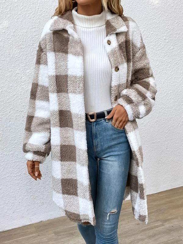 chic women's plaid fleece coat casual long jacket with button detail, machine washable perfect for fallu002fwinter