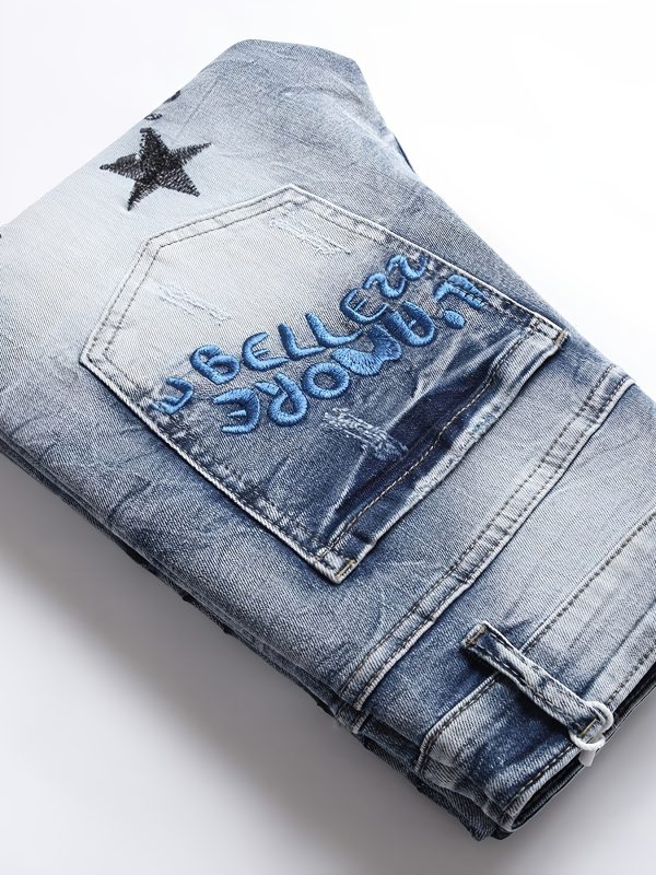 european and american trendy men, hip hop street style, daily super bull, front and back heavy work embroidery, stretch slim fit, small straight jeans, men