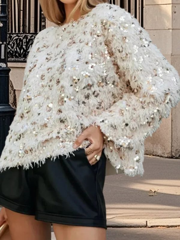 women's y2k sparkling sequin sweater with tassel hem & fringe sleeve details loose fit crew neck long sleeve pullover, all season party & everyday winter fall tops (hand washu002fdry clean) no stretch fabric