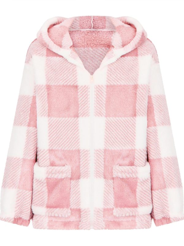 women's fuzzy plaid pattern long sleeve hooded neck zip up jacket coat outwear