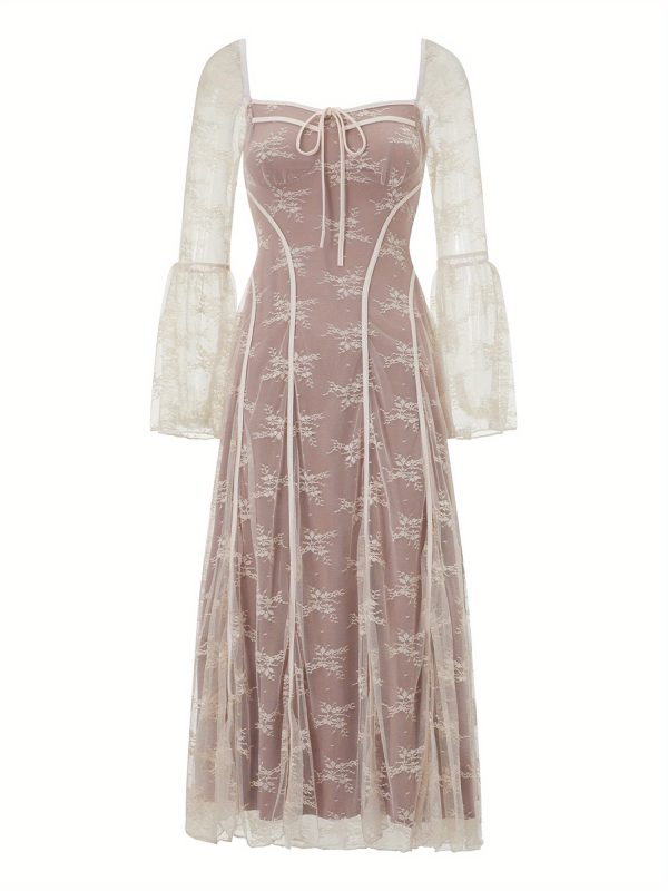 elegant women's lace dress with long sleeves, square neck, and floral tie up design semi transparent polyester swing dress for fall and summer occasions