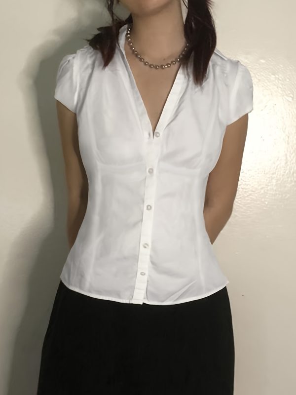 1pc elegant women's polyester lapel collar shirt solid color short sleeve slim fit button down top for all seasons