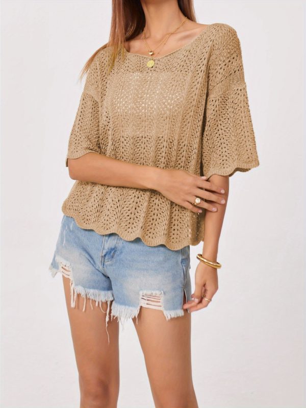 women's light green crochet top loose fit, round neck, short sleeve, summer casual blouse with ruffled hem, perfect for beach or vacation, beachwear blouse | ruffled hem top | crochet texture