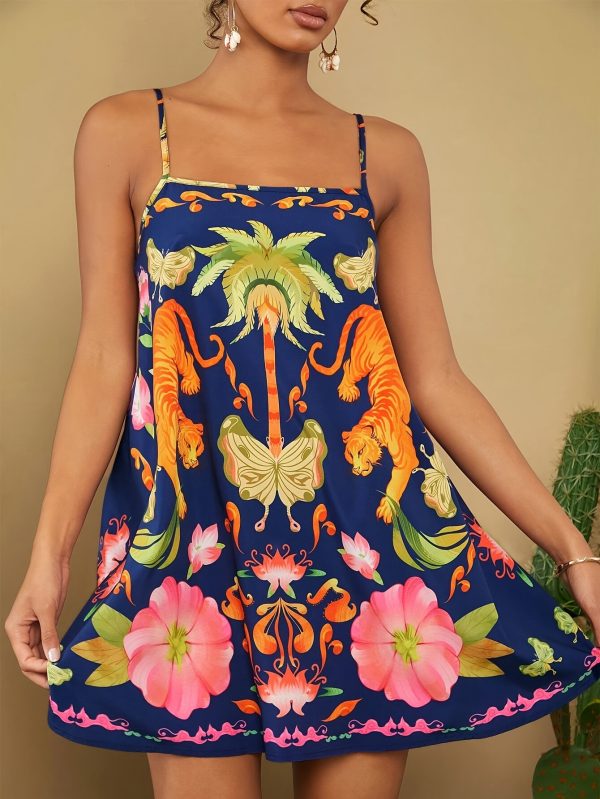 stylish summer floral print sleeveless dress feminine v neck, waist cinching design, elegant ruffled hem, and bold bloom pattern for a chic & sexy look