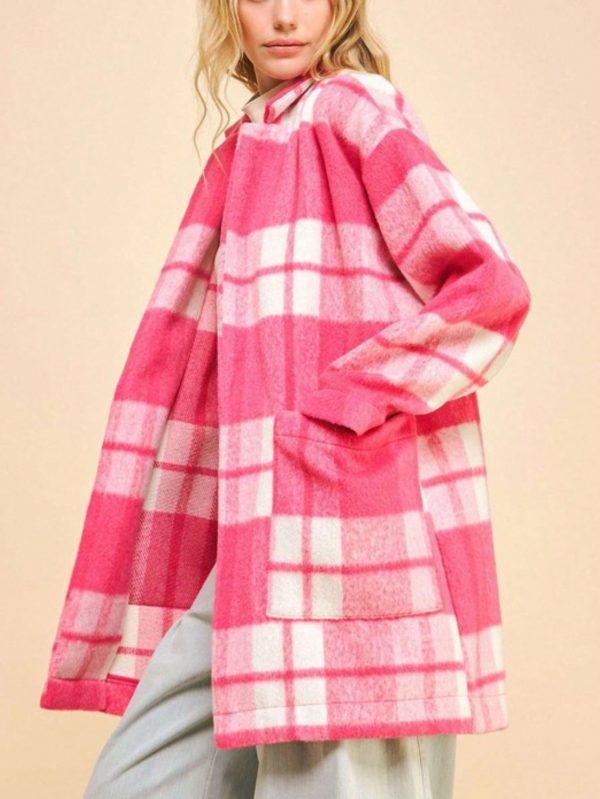 women's casual coat chic plaid open front slit outerwear with pockets hot pink long sleeve oversized checkered pattern stylish and warm outerwear perfect for springu002ffallu002fwinter everyday wear