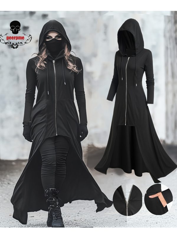 women's gothic hooded zip up jacket long formal coat with full zip closure, elegant gothic outerwear for halloween, cosplay, everyday easy care hand washable women's clothing, goth accessories