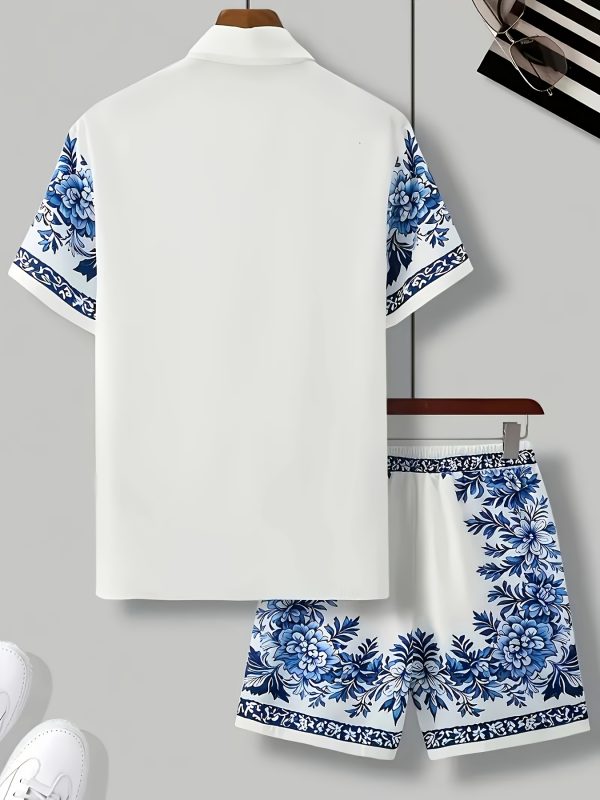 men's two piece floral printed casual shirt + drawstring sports shorts hawaiian beach style two piece set