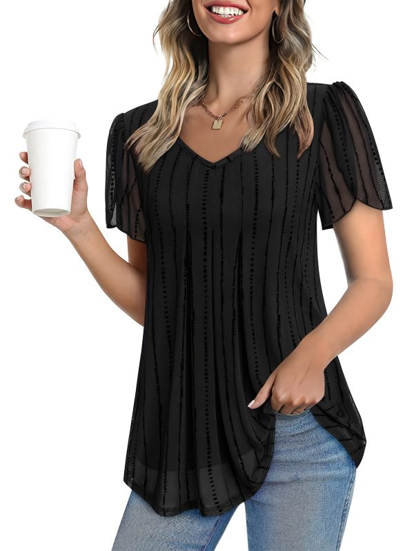 women's short sleeved shirt casual v neck double deck mesh tunic top
